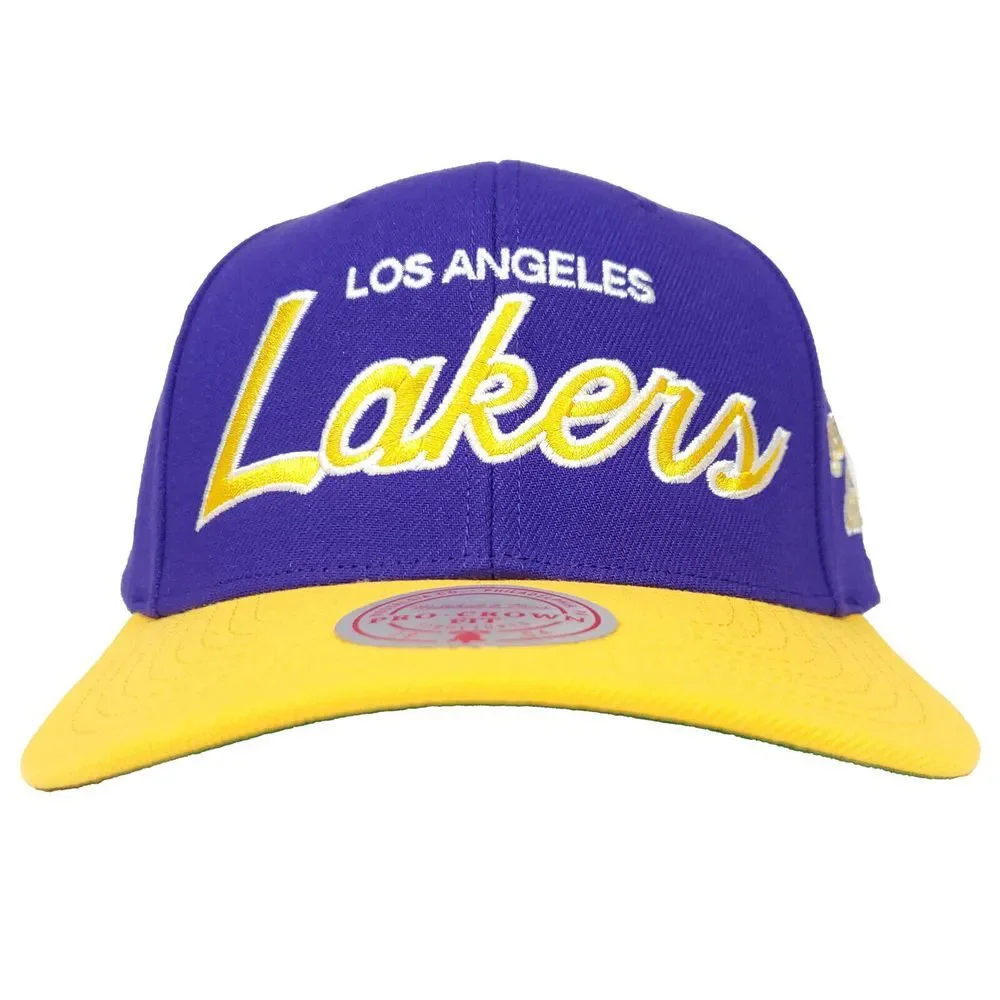 LA Lakers Mitchell‎ & Ness NBA Pro Fit Snapback Hat Cap Script Logo Purple NWT